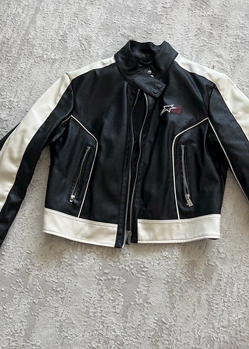 Siyah Beyaz Nakışlı Deri Biker Ceket