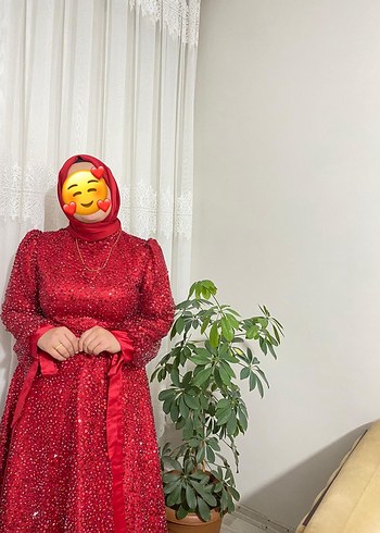 Uzun Kollu Kırmızı Tesettür nişan Elbisesi - Görsel 2