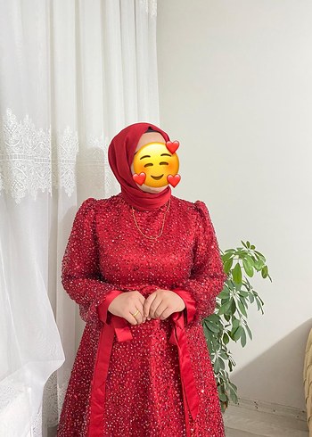 Uzun Kollu Kırmızı Tesettür nişan Elbisesi - Görsel 3