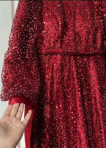 Uzun Kollu Kırmızı Tesettür nişan Elbisesi - Görsel 4