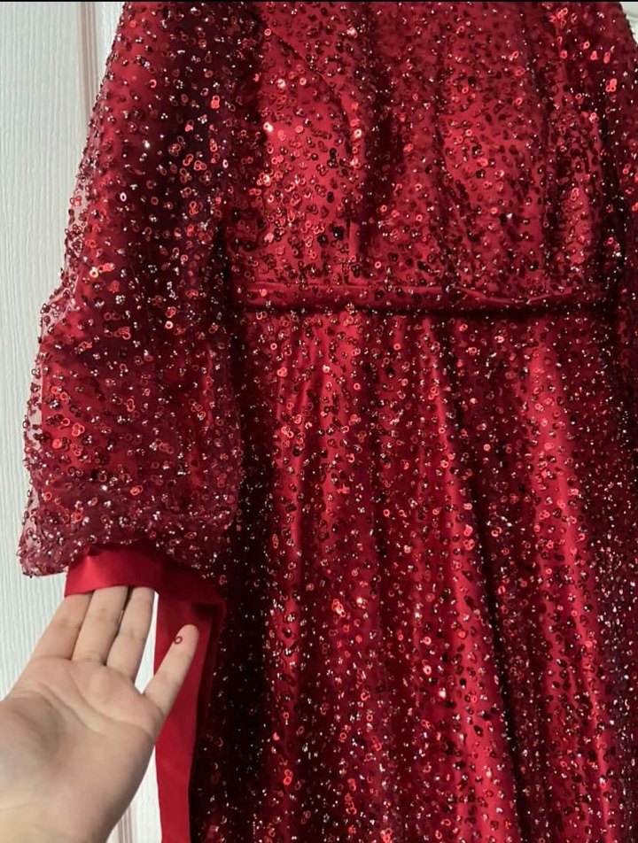 Uzun Kollu Kırmızı Tesettür nişan Elbisesi - Görsel 4