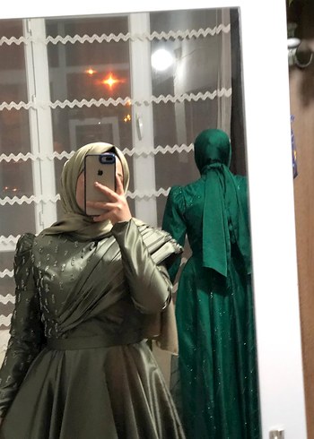 Haki Renk Uzun Kollu Drapeli Abiye Elbise - Görsel 2