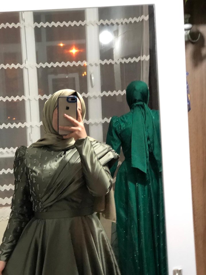 Haki Renk Uzun Kollu Drapeli Abiye Elbise - Görsel 2