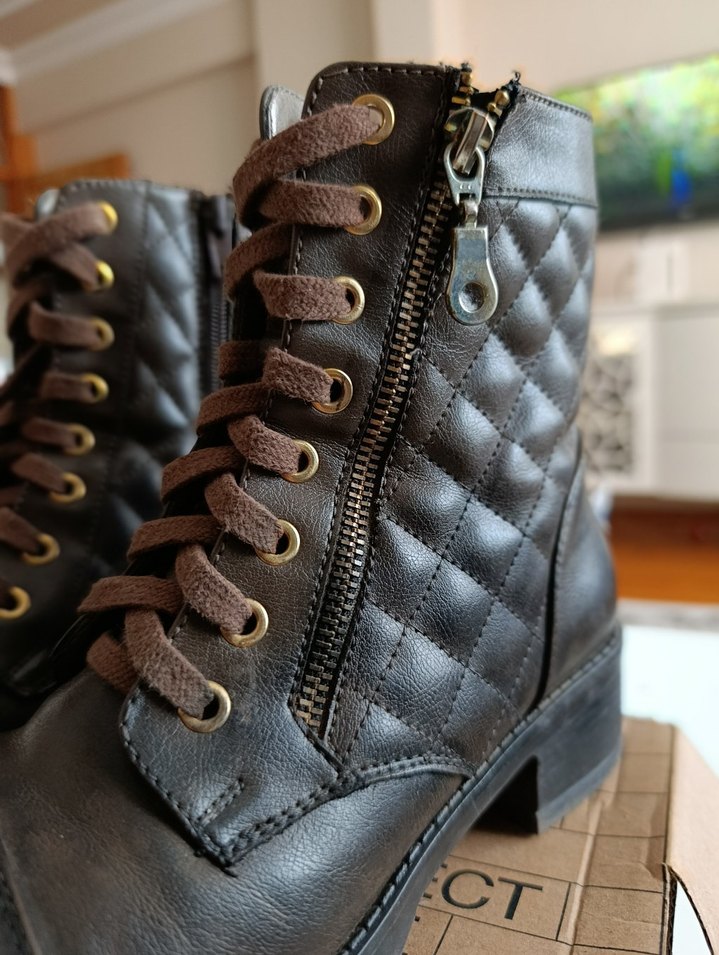 Kare Desenli Fermuarlı Kahverengi Deri Kadın Bot - Görsel 3