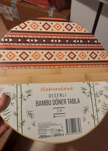 Desenli Bambu Döner Sunum Tahtası 35 cm