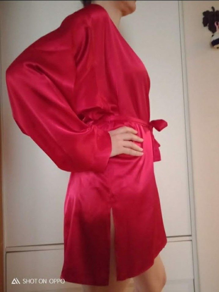 Saten Kırmızı Mini Sabahlık - Görsel 2