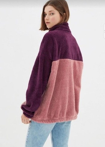Mor ve Pembe Yarım Fermuarlı Peluş Sweatshirt - Görsel 3