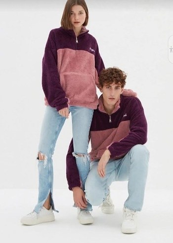 Mor ve Pembe Yarım Fermuarlı Peluş Sweatshirt - Görsel 4