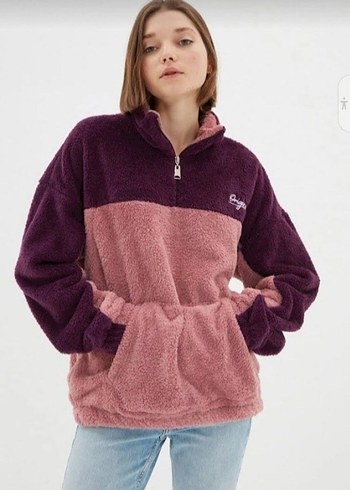 Mor ve Pembe Yarım Fermuarlı Peluş Sweatshirt - Görsel 2