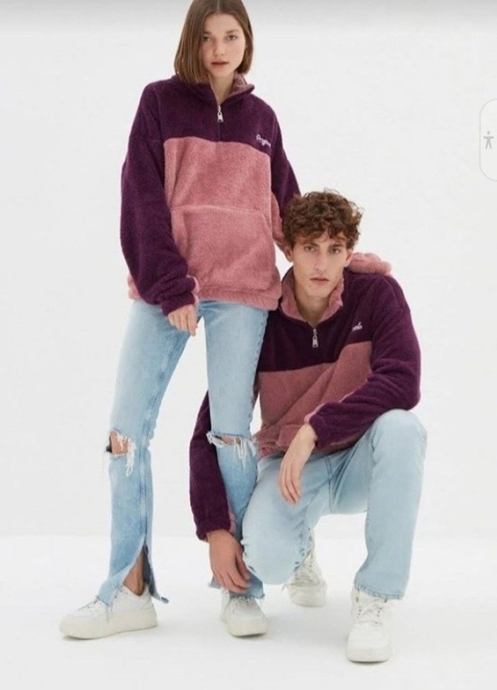 Mor ve Pembe Yarım Fermuarlı Peluş Sweatshirt - Görsel 4