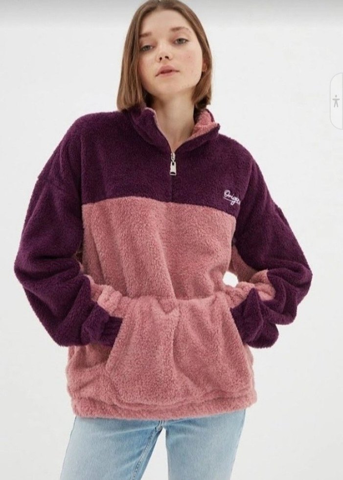 Mor ve Pembe Yarım Fermuarlı Peluş Sweatshirt - Görsel 2