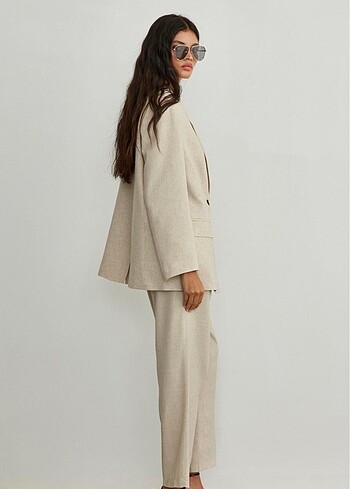 Suud Collection SUUD Collection Natürel Eze Kruvaze Keten Blazer Ceket