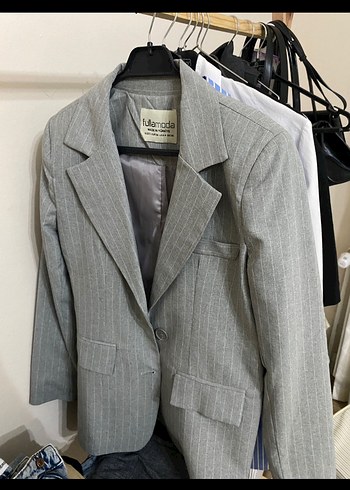 Çizgili Gri Kadın Blazer Ceket