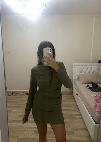 Uzun Kollu Haki Mini Elbise