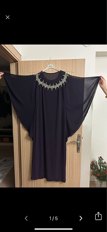 Mürdüm Yarasa Kollu Dizaltı Abiye Elbise