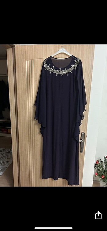 40 Beden mor Renk Mürdüm Yarasa Kollu Dizaltı Abiye Elbise