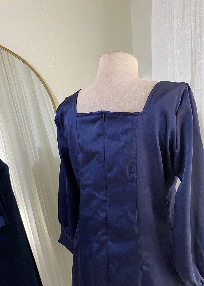 Lacivert Saten elbise - Görsel 3