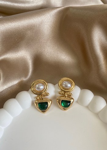 Accessorize İnci ve Yeşil Taşlı Altın Renk Midi Küpe