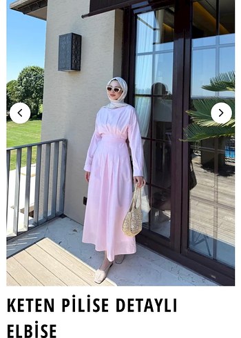 Pembe Keten Pilise Detaylı Uzun Elbise