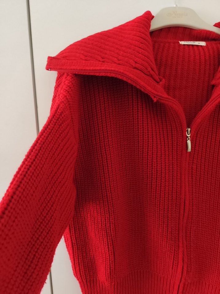 Kırmızı Fermuarlı Kadın Triko Kazak - Görsel 2