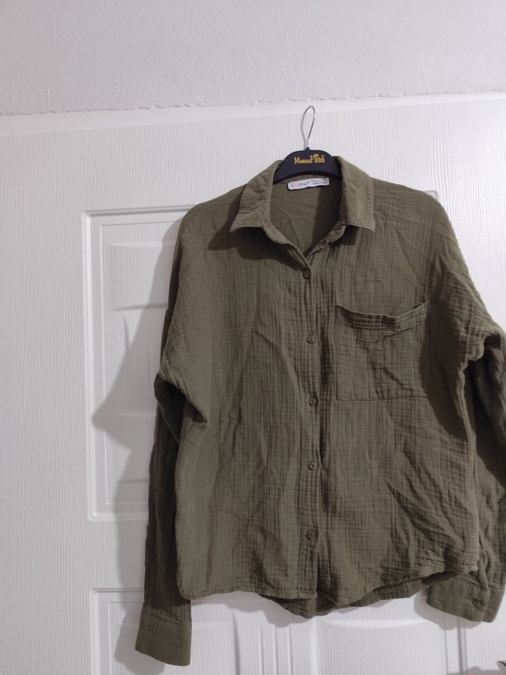 Düğmeli Bej Keten Kadın Gömlek - Görsel 2