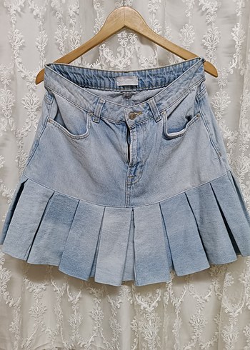 Diğer Mavi Pilili Mini Denim Etek