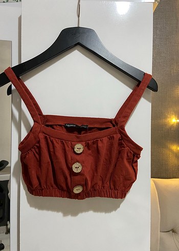 Düğmeli Kahverengi Süet Mini Crop Top