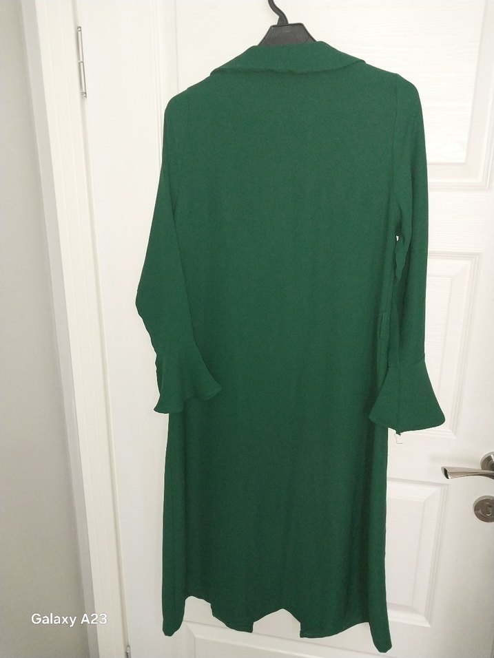 Uzun Yeşil Keten Kadın TESETTÜR giyim - Görsel 4