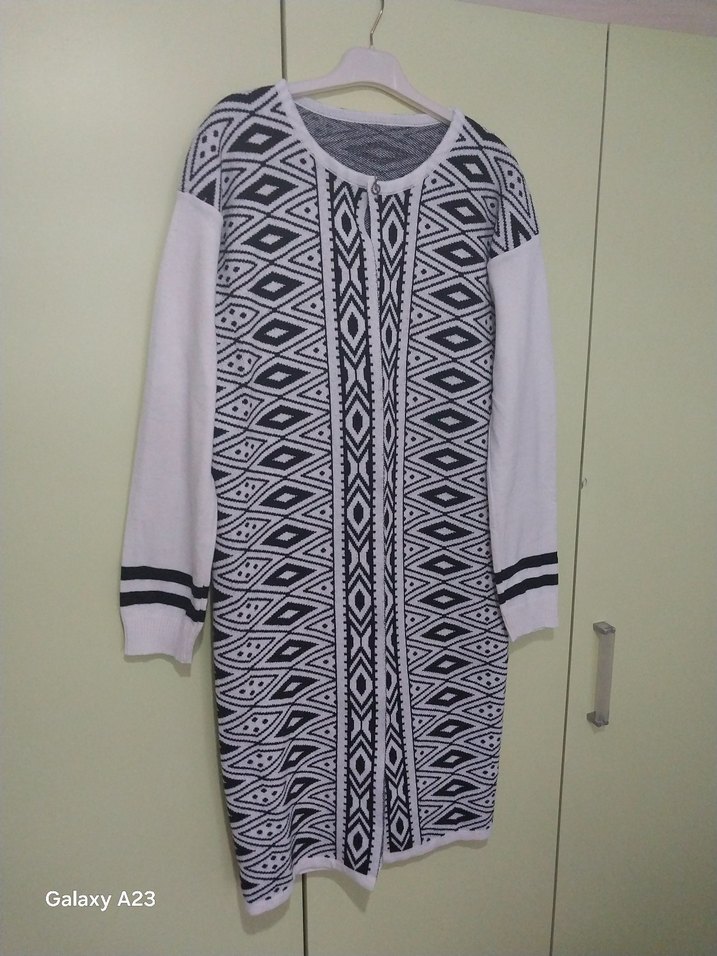 Desenli Bohem Uzun Örgü Kadın Hırka - Görsel 2