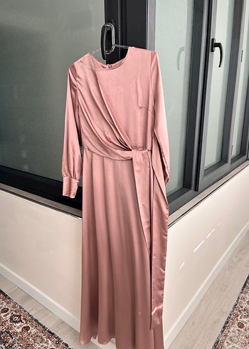 Pembe Uzun Kollu Drapeli Kadın Elbise
