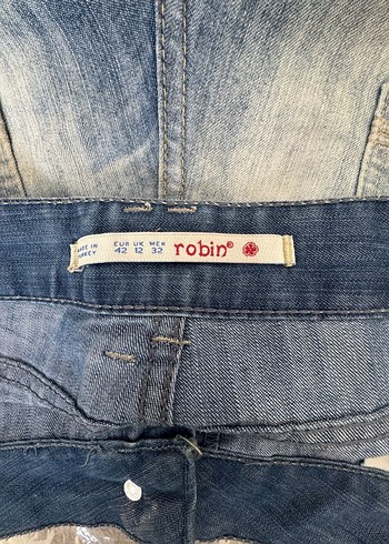 42 Beden Robin marka Kadın Gri Mavi Baskılı Kemerli Kot Şort