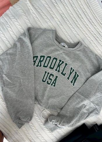 Gri Brooklyn Baskılı Kadın Sweatshirt