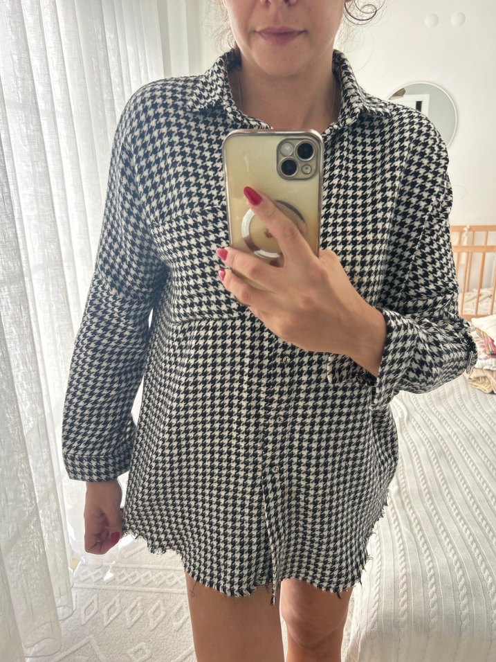 Gri Kareli Uzun Kollu Düğmeli Kadın Gömlek - Görsel 2