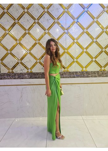 Yeşil Drapeli Uzun İpek Etek büstiyer - Görsel 4