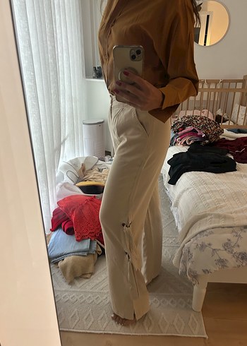 Oxxo Düğmeli Bej Rahat Kesim Kadın Pantolon - Görsel 5