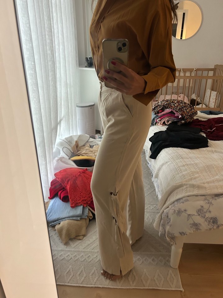 Oxxo Düğmeli Bej Rahat Kesim Kadın Pantolon - Görsel 5