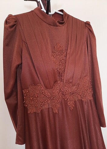 Kiremit rengi simli kadın abiye - Görsel 2