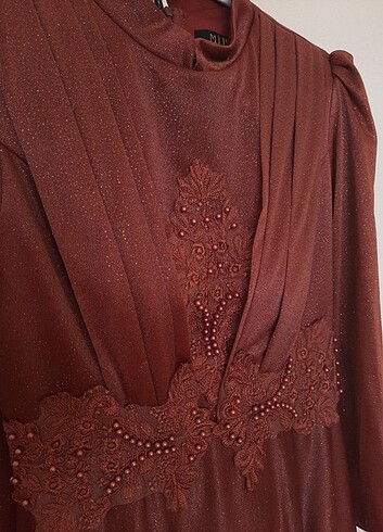 Kiremit rengi simli kadın abiye - Görsel 4