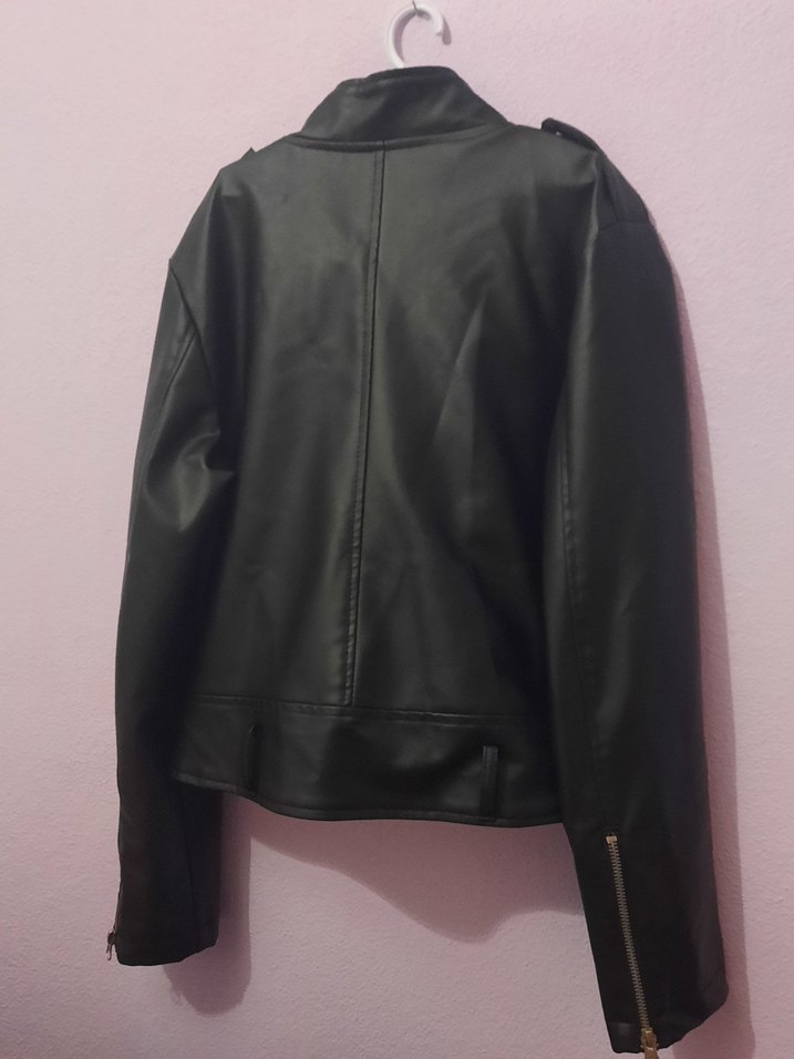 Siyah Deri Kadın Biker Ceket - Görsel 3