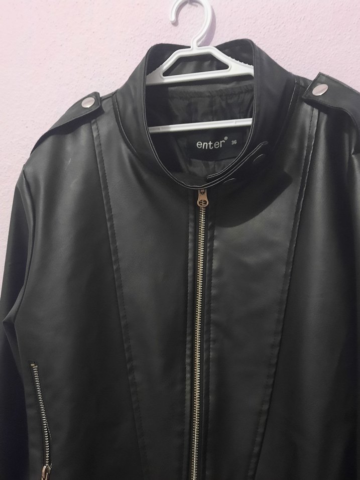 Siyah Deri Kadın Biker Ceket - Görsel 2