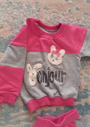 Nakışlı Triko Pembe Gri Bebek Kız Takımı - Görsel 3