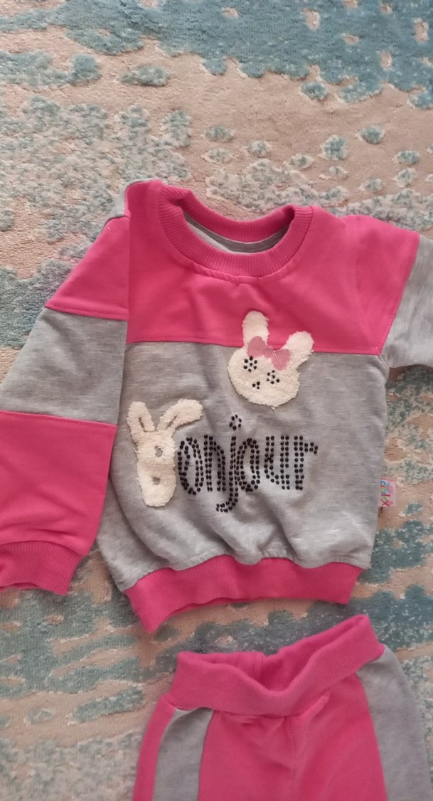 Nakışlı Triko Pembe Gri Bebek Kız Takımı - Görsel 3