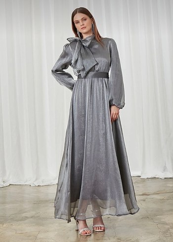 Tesettür Gri Abiye Elbise + ŞAL DAHİL  L/XL 2 Beden - Görsel 3