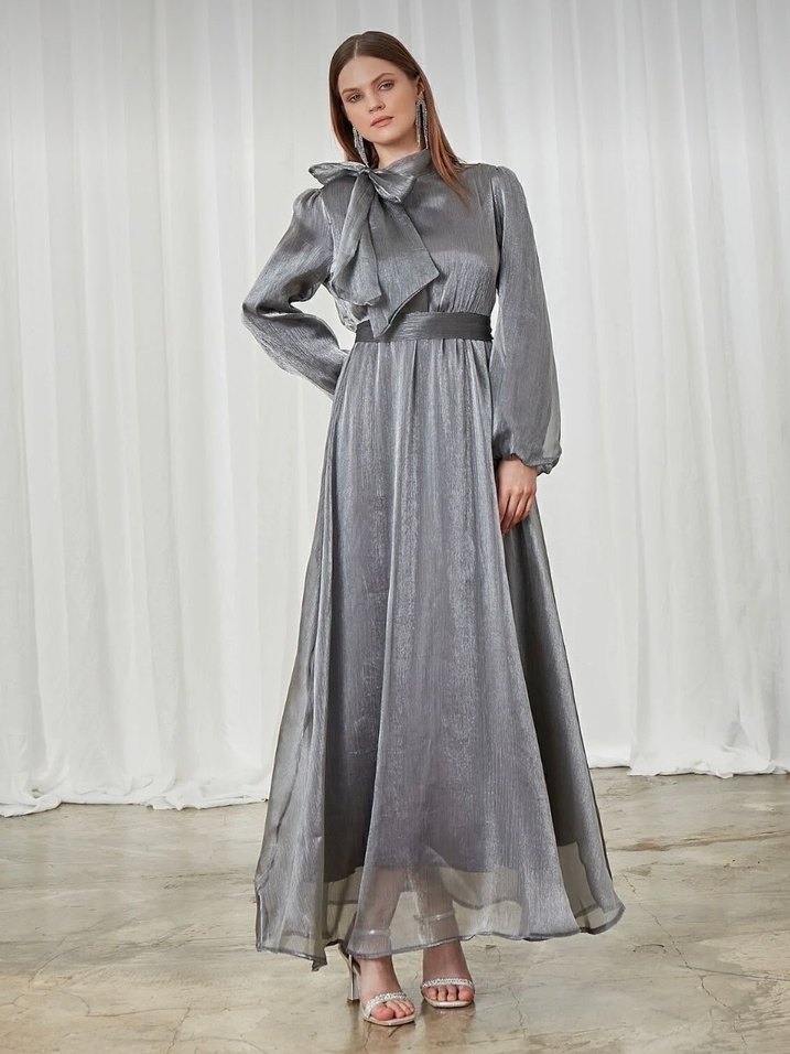 Tesettür Gri Abiye Elbise + ŞAL DAHİL  L/XL 2 Beden - Görsel 3