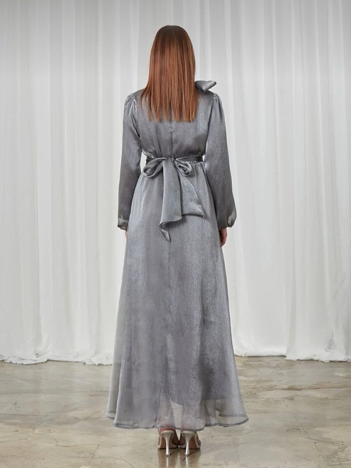 Tesettür Gri Abiye Elbise + ŞAL DAHİL  L/XL 2 Beden - Görsel 4