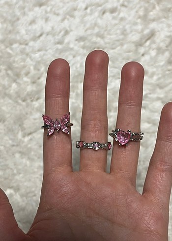 Pembe Taşlı Üçlü Kadın Yüzük Seti