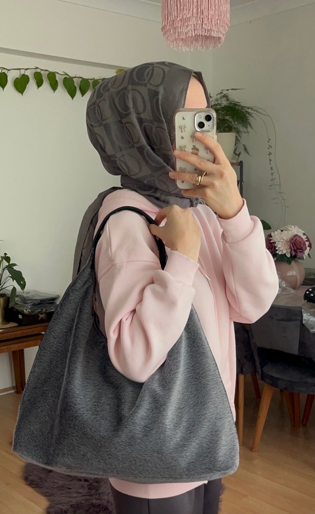 Gri Kadın peluş Günlük Omuz Çantası - Görsel 3