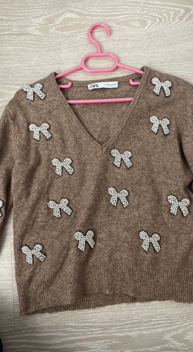 Nakışlı V Yaka Kahverengi Örgü Kazak - Görsel 2