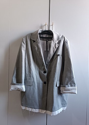 Gri Midi Keten Kadın Blazer