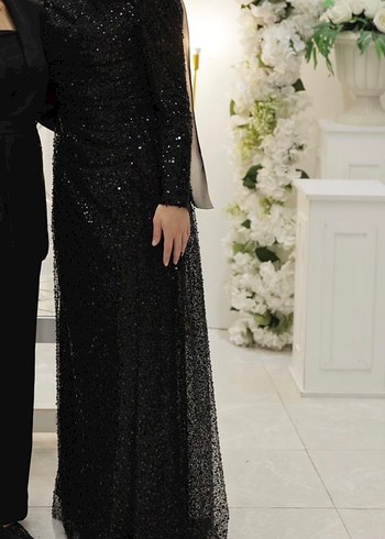 Siyah Uzun Kollu Drapeli Abiye Elbise - Görsel 2